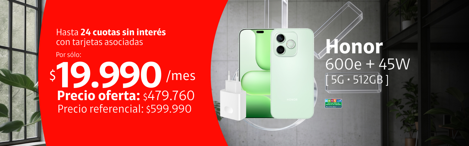 Honor 600e 5G 512GB + 45W en 24 cuotas de 19.990