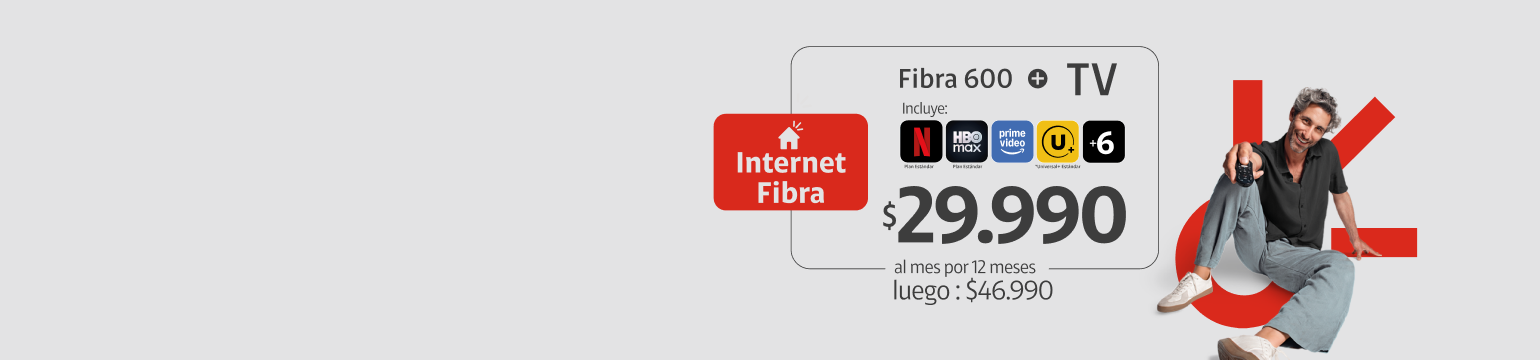 Doble Pack Fibra 600 + TV Premium Fibra 600 + TV 29.990 x 12 meses luego 46.990
